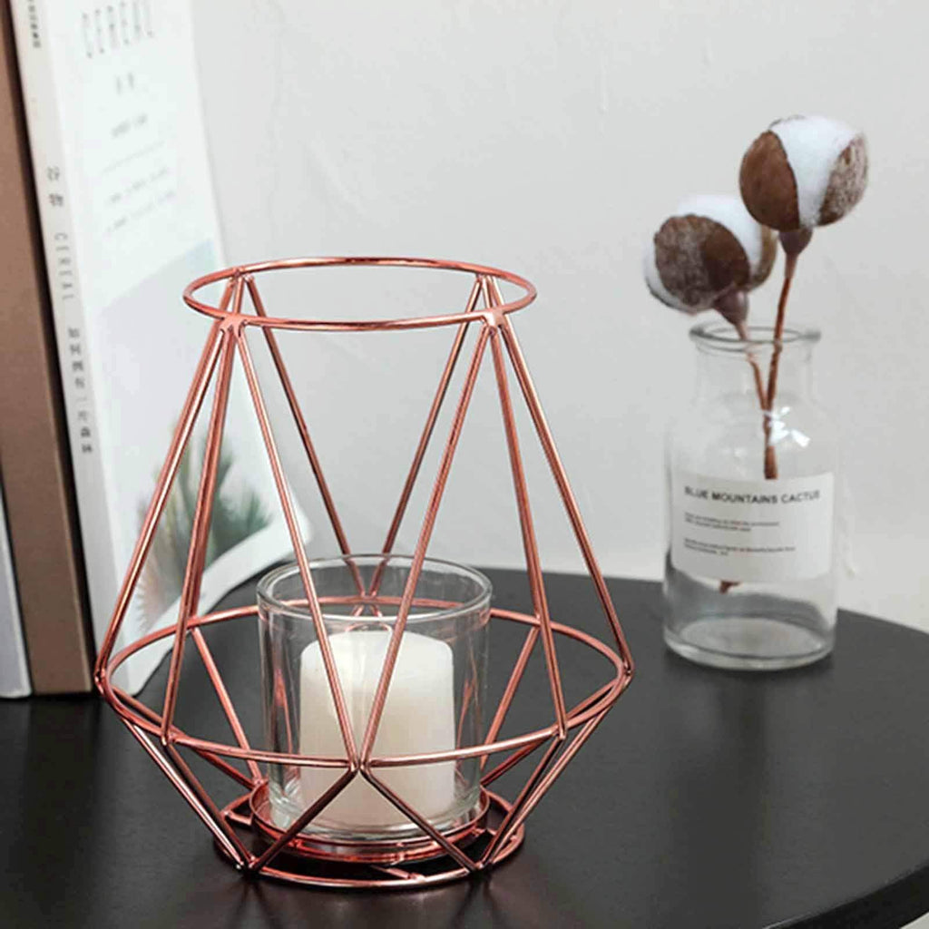 2 pcs 7 in tall Rose Gold Geometric Tealight Votive Metal with Glass Candle Holders