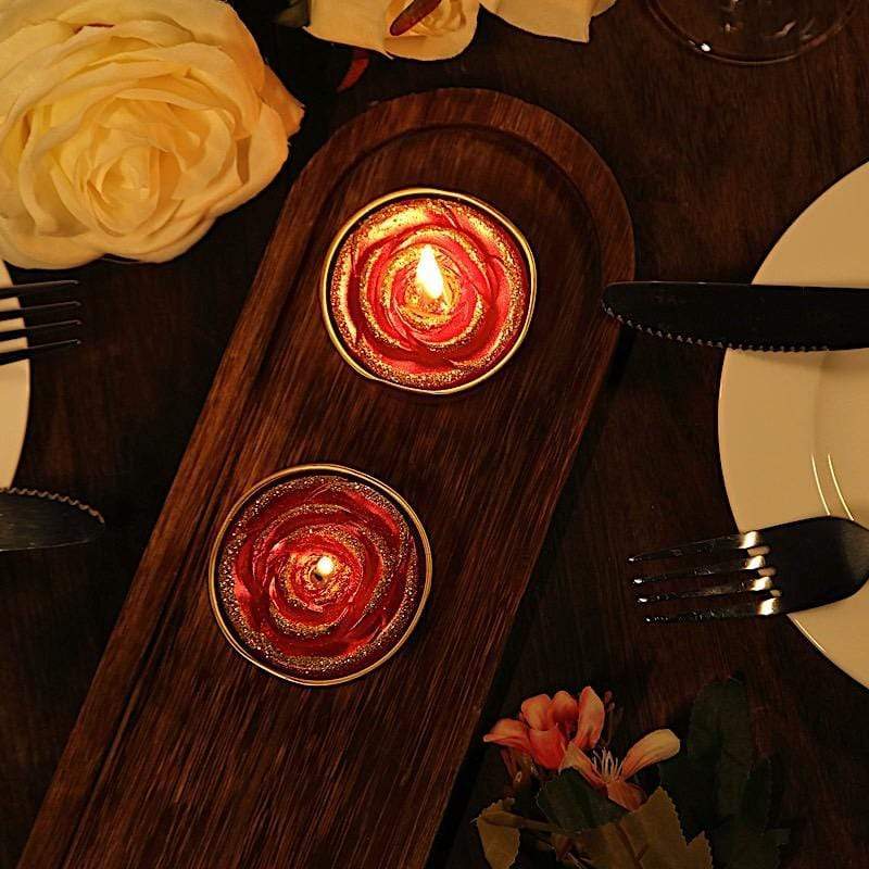 2 Red with Gold Glitter Wedding Unscented Rose Tealight Candles