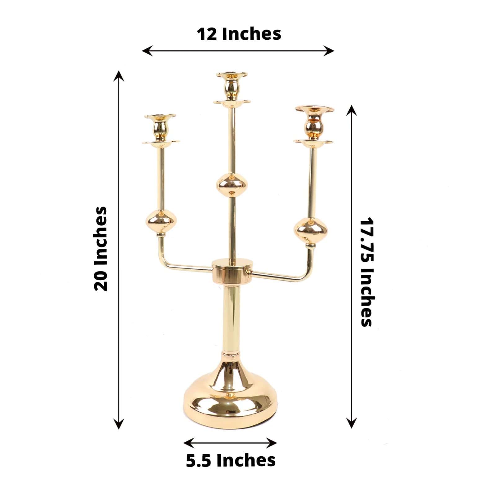 20 in Gold 3 Arm Metal Candelabra Taper Candle Holder Centerpiece