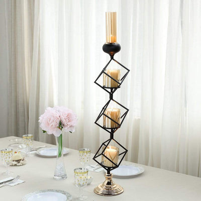 28 in tall Black and Gold Geometric Cube Stand with Tealight Votive Glass Candle Holders