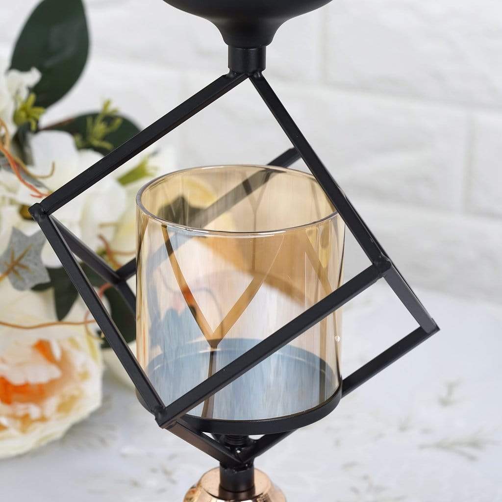 28 in tall Black and Gold Geometric Cube Stand with Tealight Votive Glass Candle Holders