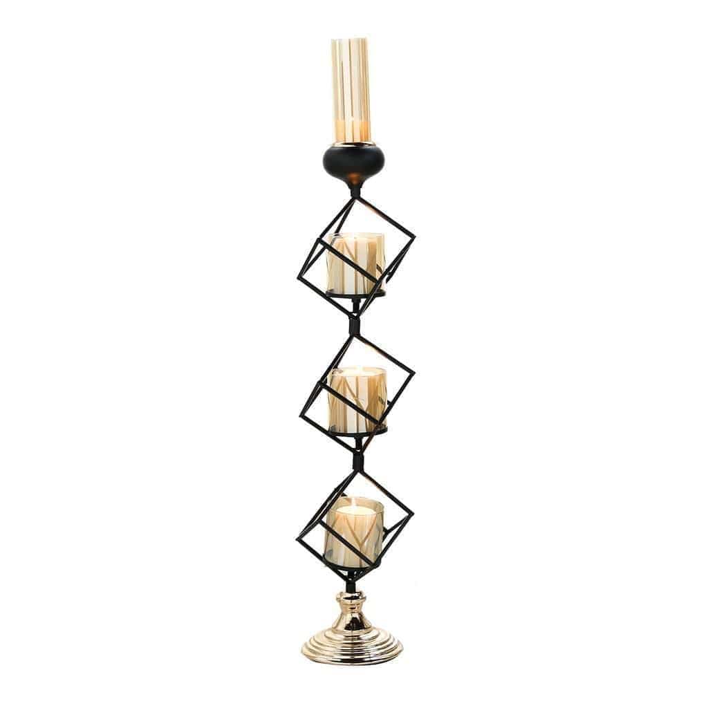 28 in tall Black and Gold Geometric Cube Stand with Tealight Votive Glass Candle Holders