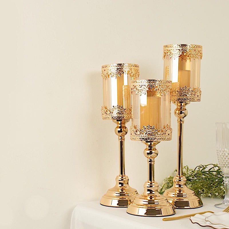 3 Antique Gold Metal with Lacy Trim Glass Votive Candle Holders Centerpieces