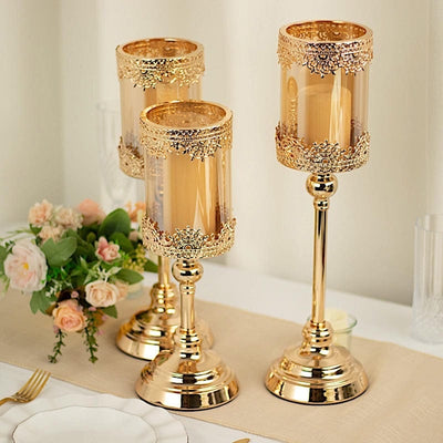 3 Antique Gold Metal with Lacy Trim Glass Votive Candle Holders Centerpieces