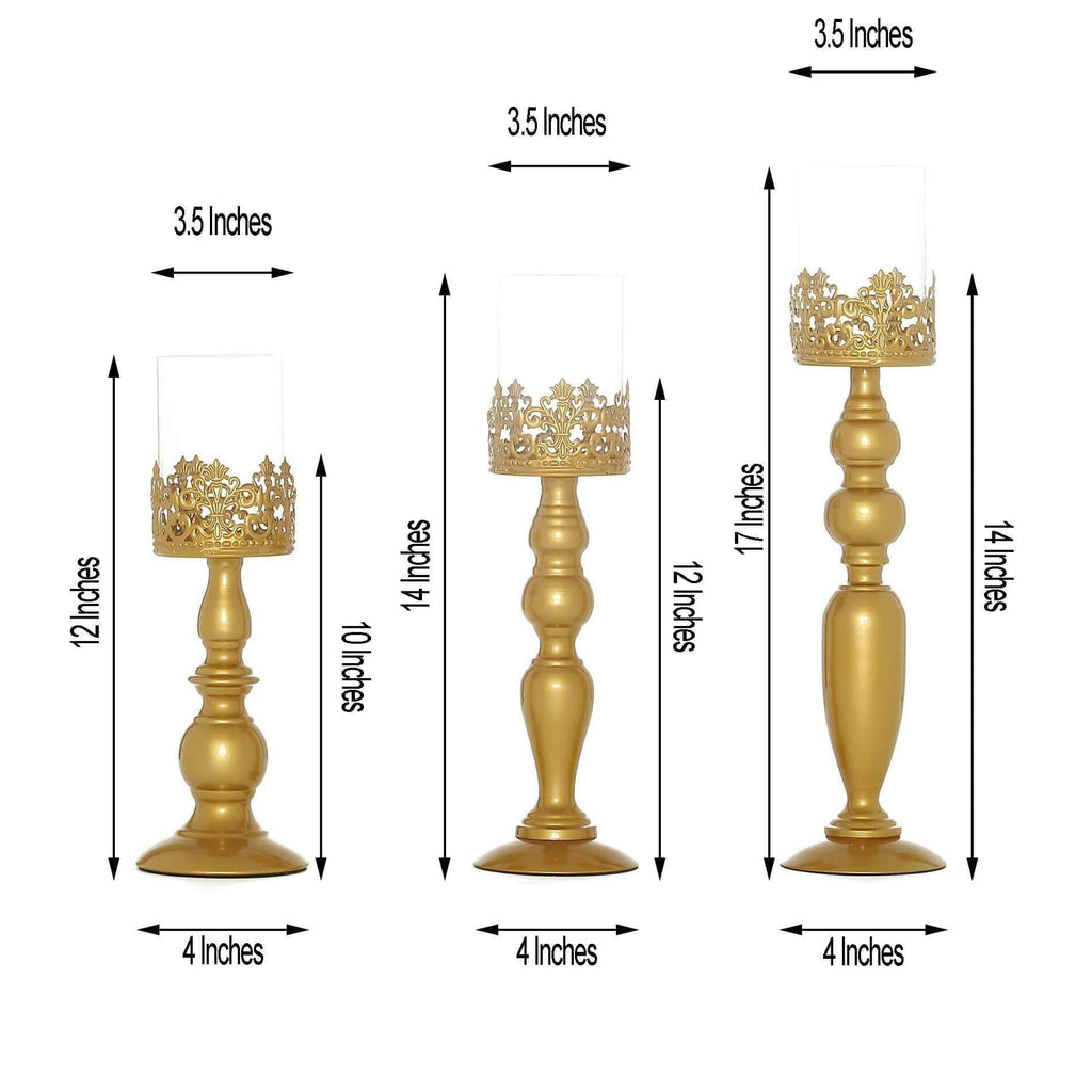 3 Gold 12 14 17 in tall Metal with Lacy Trim Glass Candle Holders Centerpieces