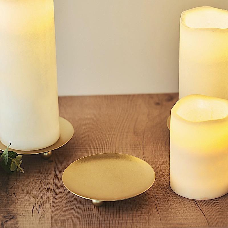 3 Gold 4 in Round Metal Plates Candle Holders