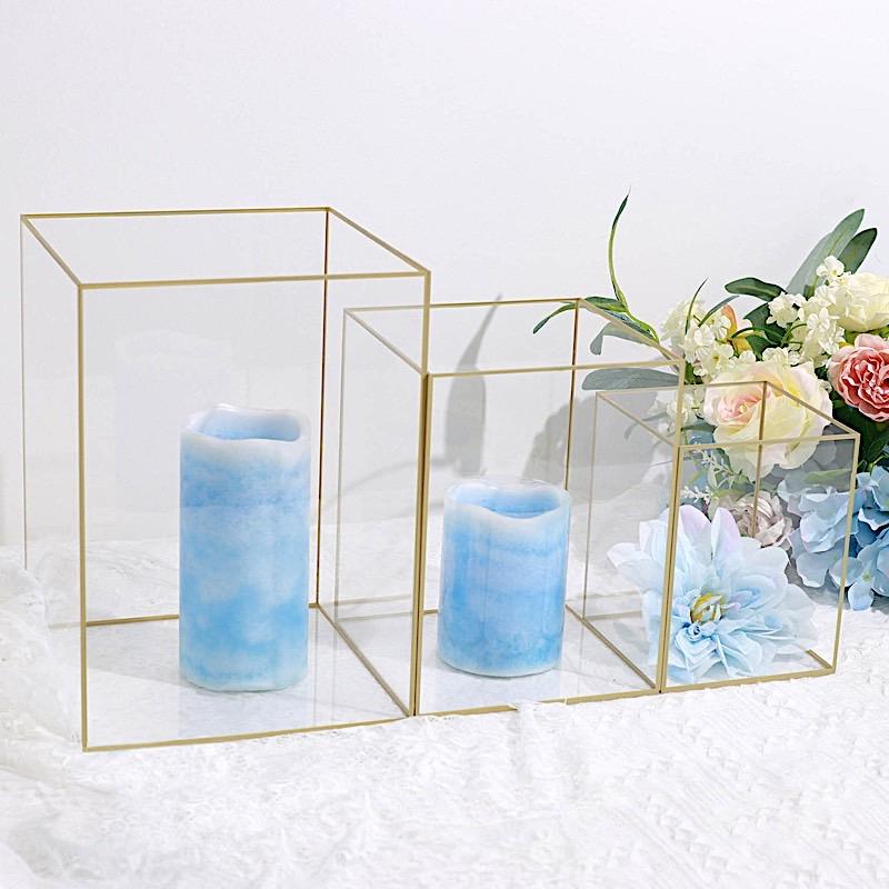 3 Gold and Clear Acrylic with Metal Frame Candle Holders Centerpieces