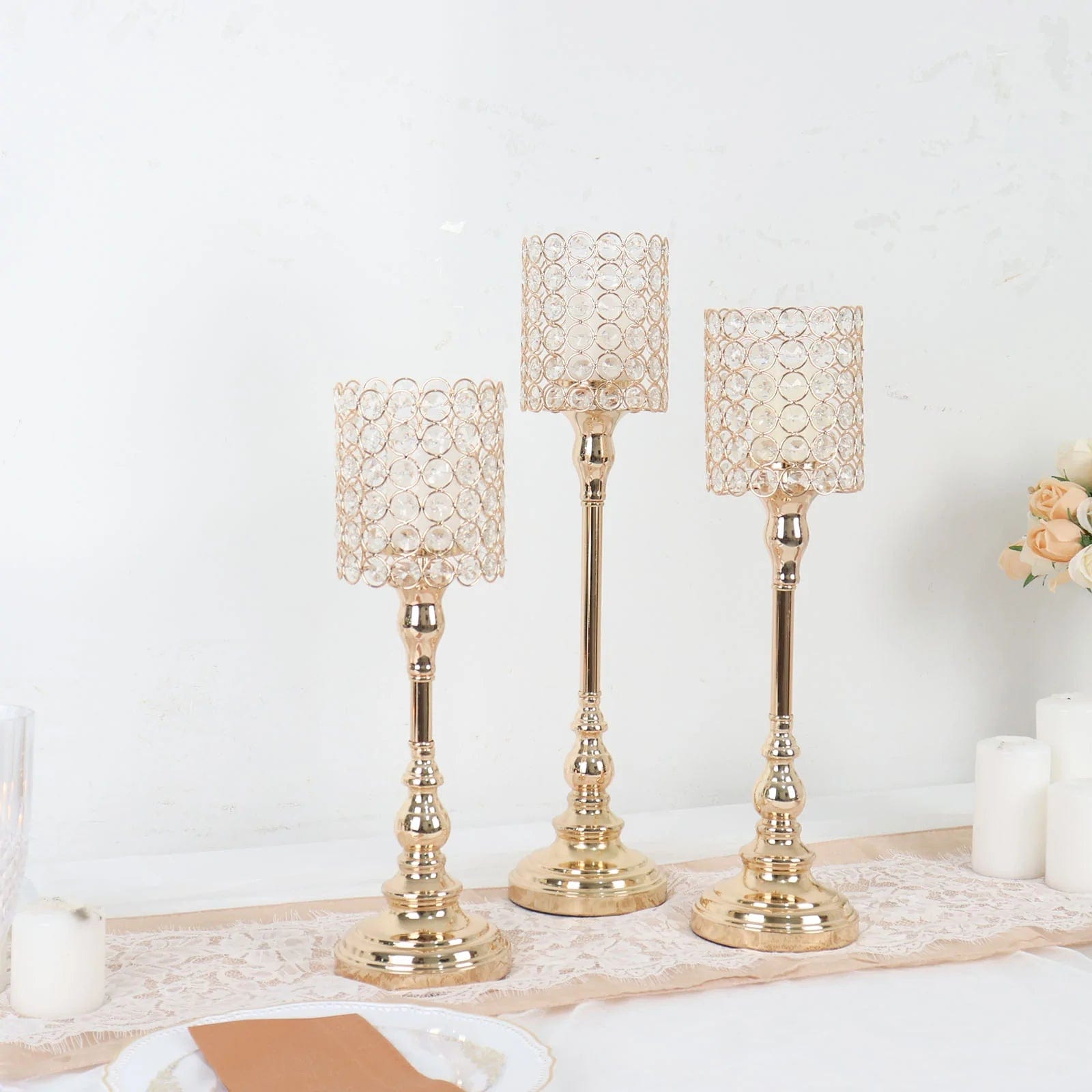 3 Gold Crystal Beaded Metal Goblet Votive Candle Holders Centerpieces