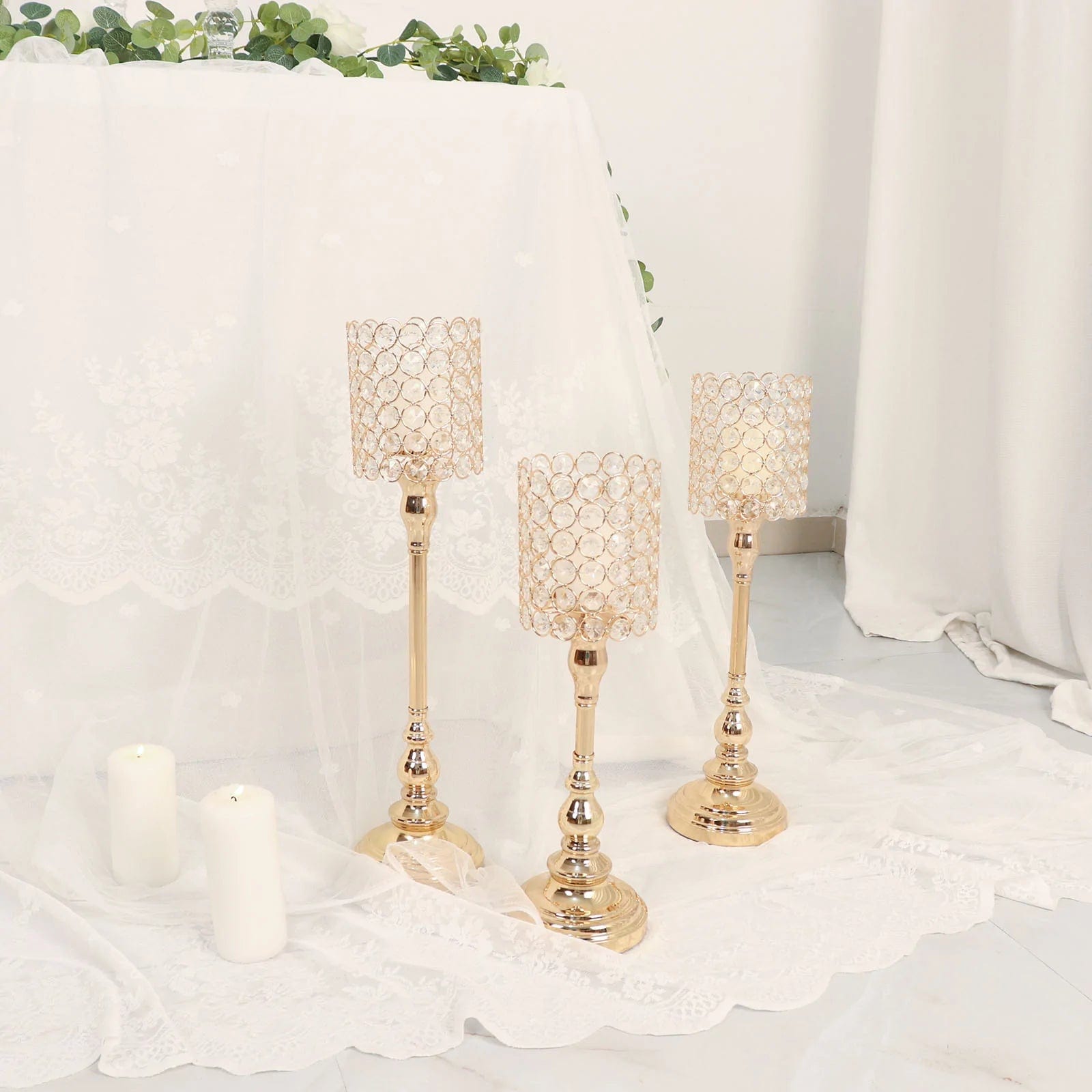 3 Gold Crystal Beaded Metal Goblet Votive Candle Holders Centerpieces