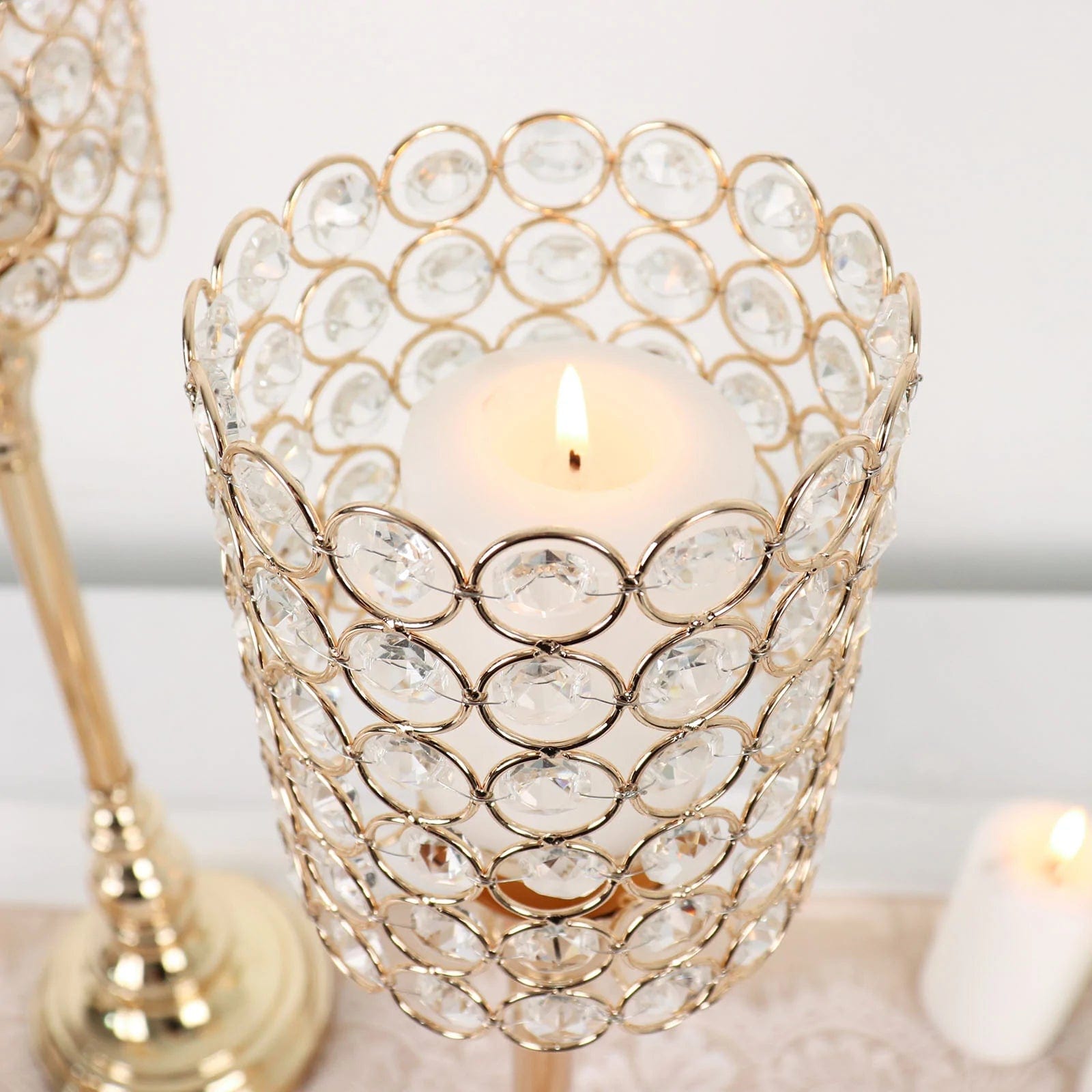 3 Gold Crystal Beaded Metal Goblet Votive Candle Holders Centerpieces