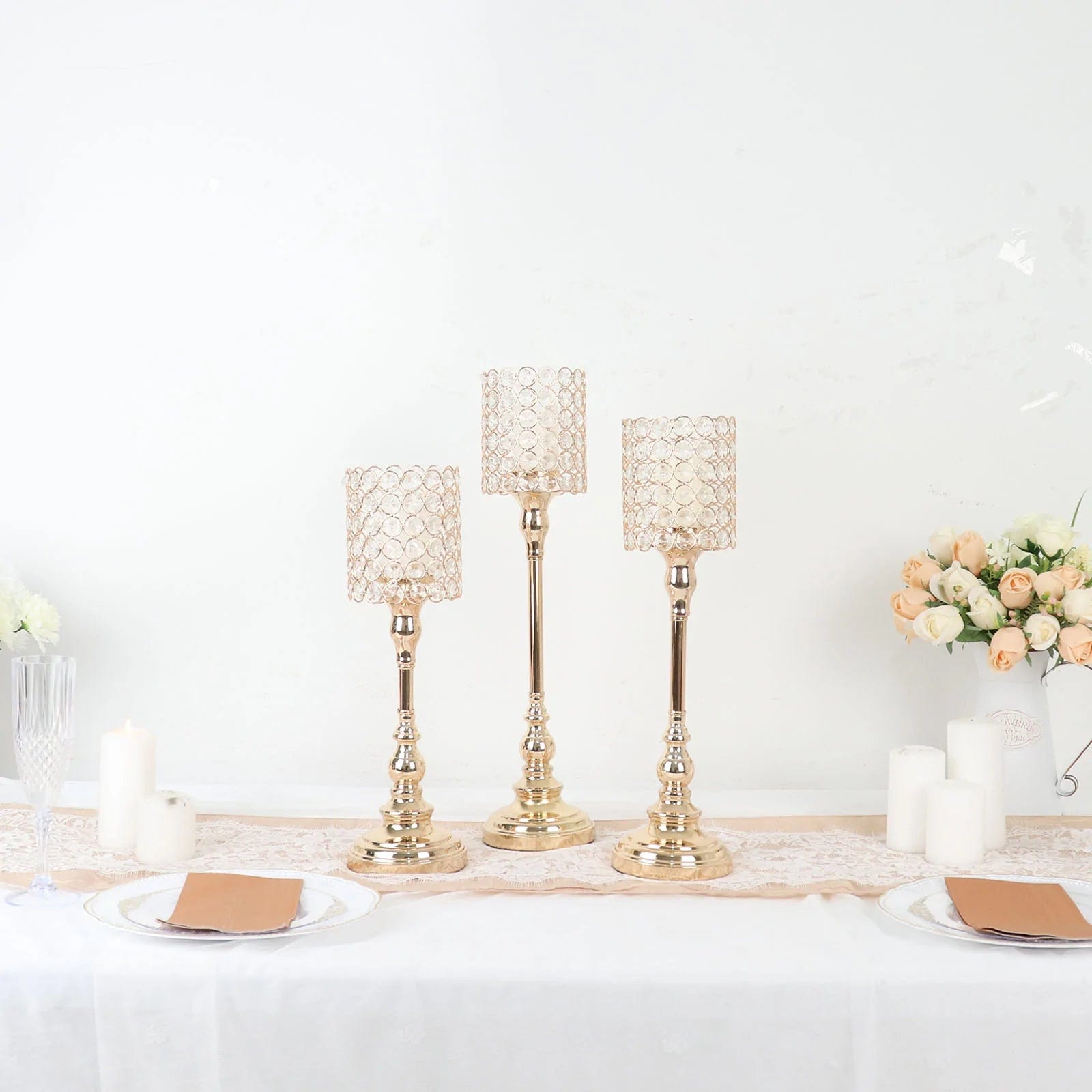 3 Gold Crystal Beaded Metal Goblet Votive Candle Holders Centerpieces