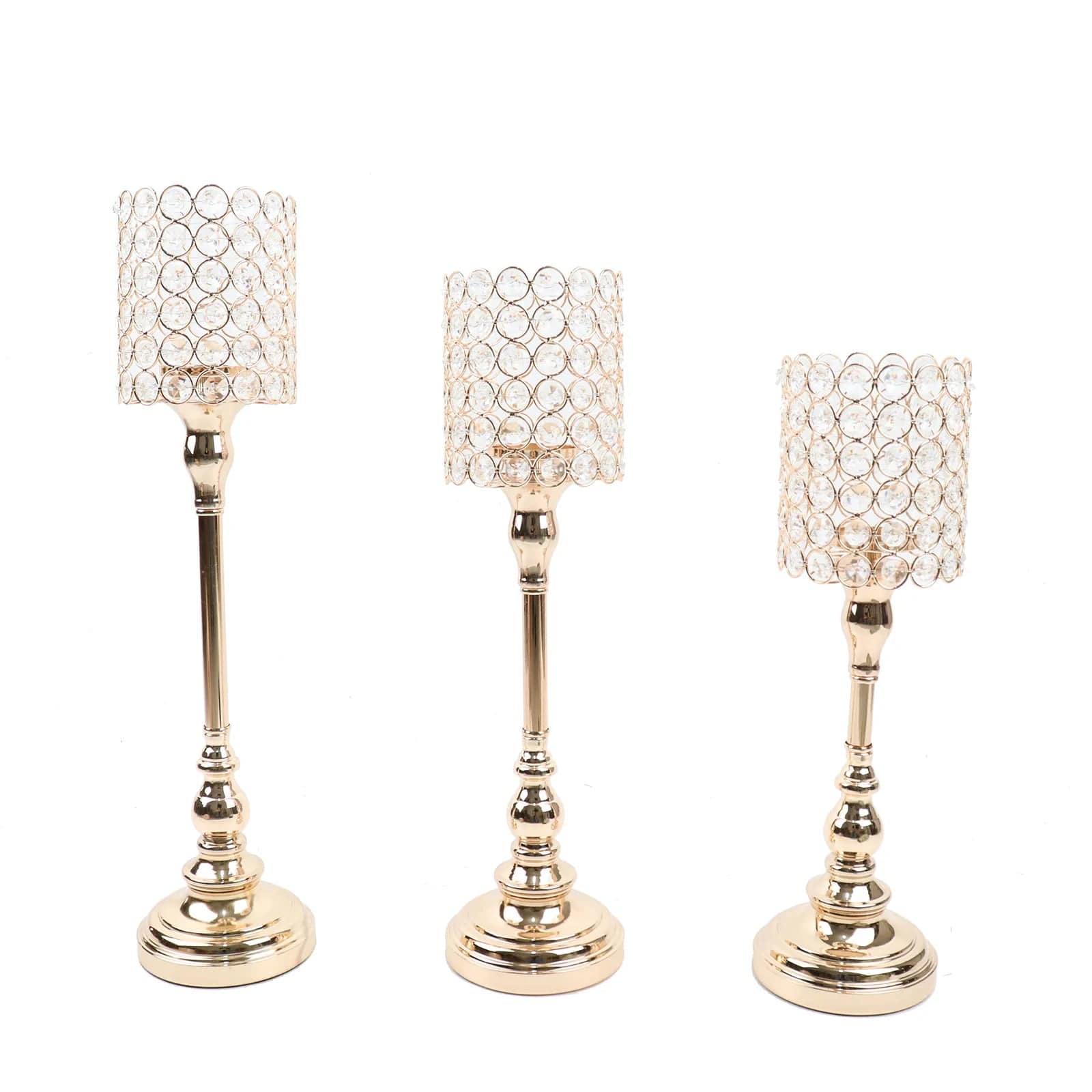 3 Gold Crystal Beaded Metal Goblet Votive Candle Holders Centerpieces