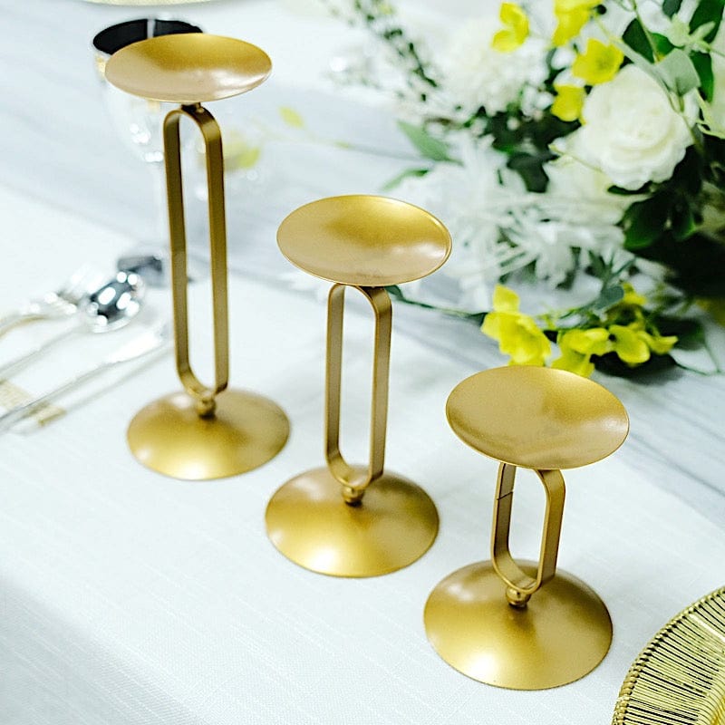 3 Gold Geometric Metal Oval Pillar Candle Holders Set