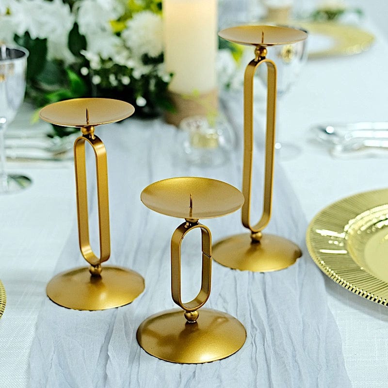3 Gold Geometric Metal Oval Pillar Candle Holders Set