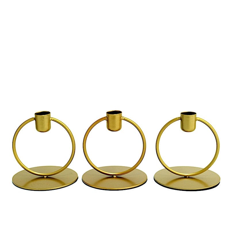 3 Gold Metal Ring Taper Candle Holders Set with Round Base