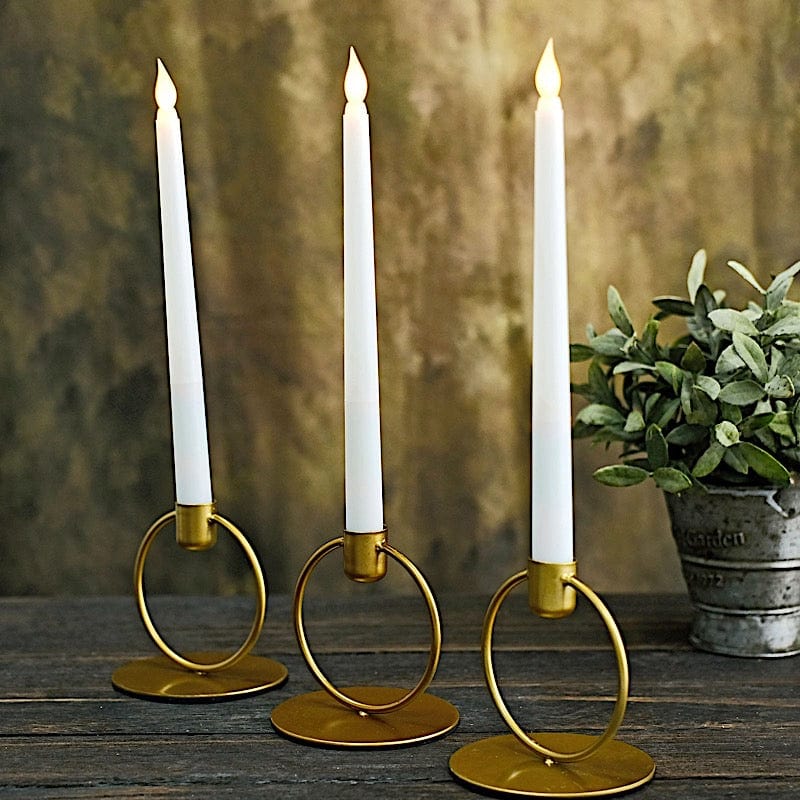 3 Gold Metal Ring Taper Candle Holders Set with Round Base