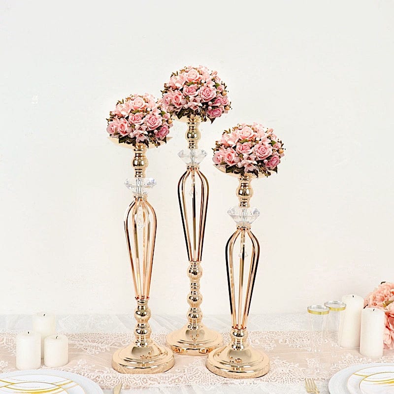 3 Gold Metal with Crystals Pillar Candle Holders Flower Ball Pedestal Stands