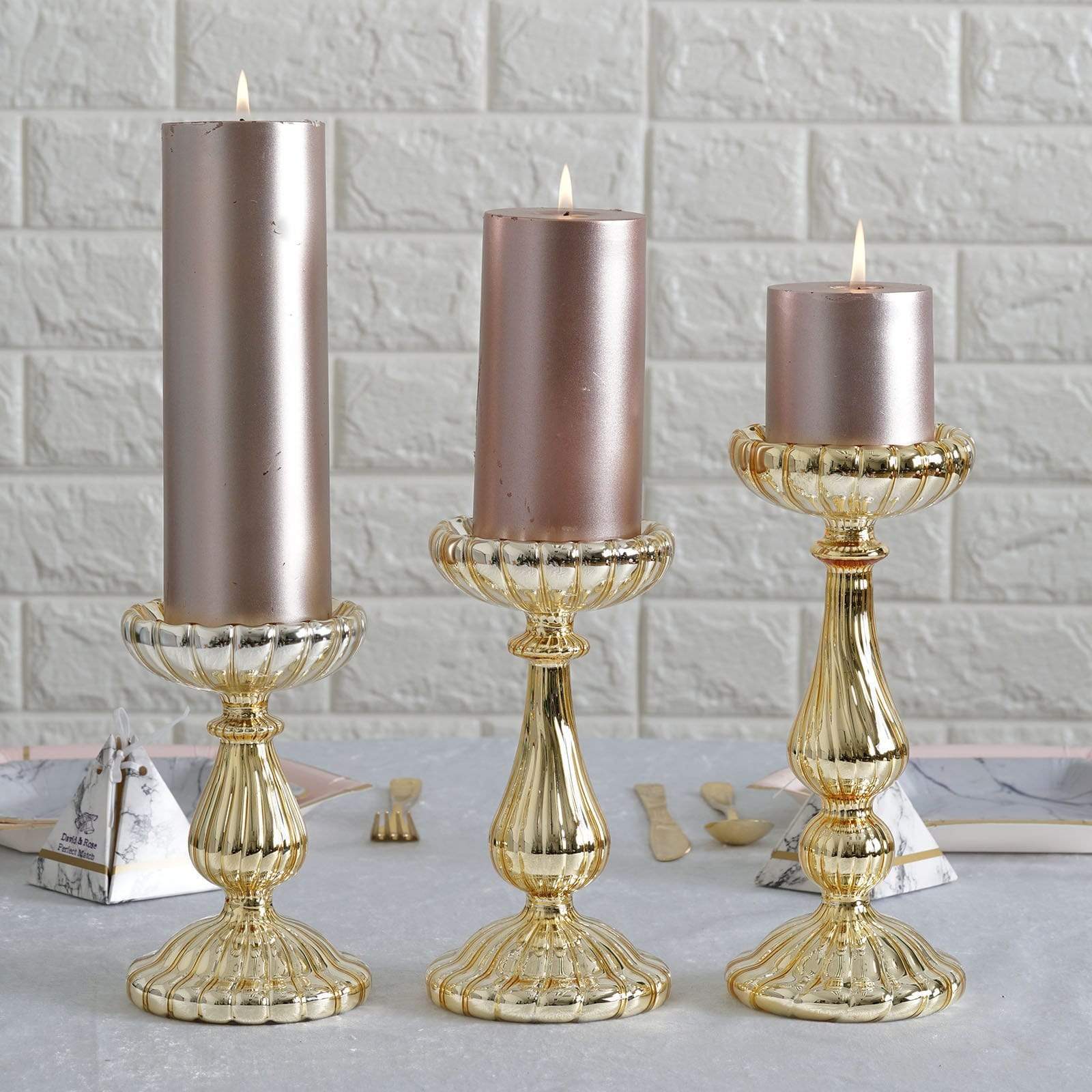 3 Mercury Glass Pillar Candle Holders Centerpieces