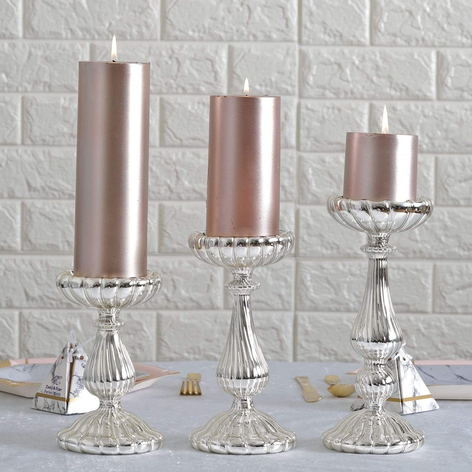 3 Mercury Glass Pillar Candle Holders Centerpieces