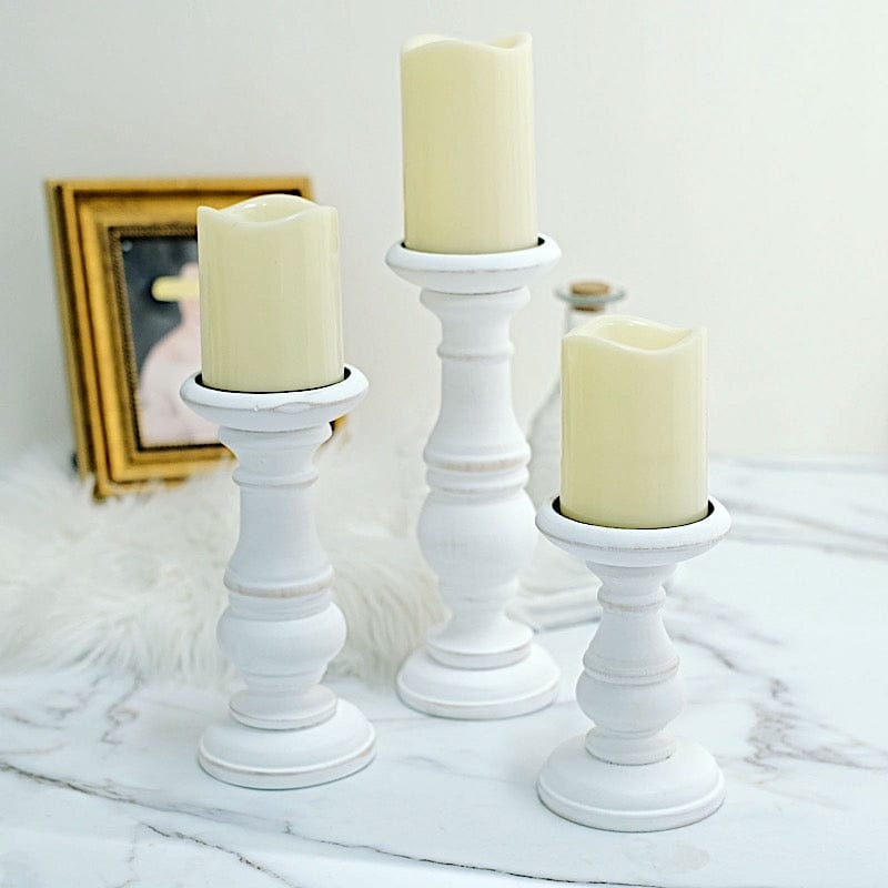 3 White Wooden Pillar Candle Holders Rustic Table Centerpieces