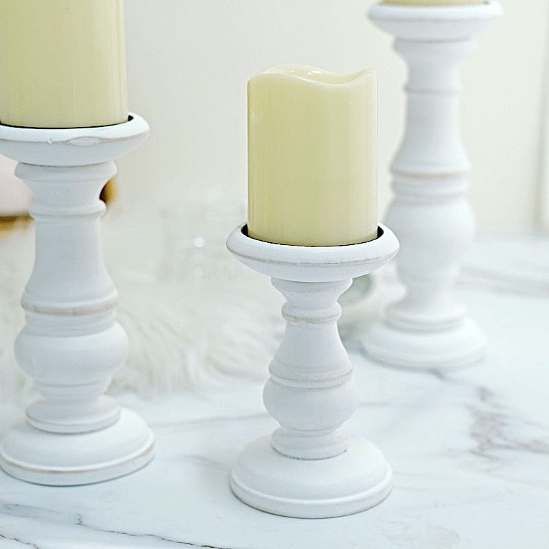 3 White Wooden Pillar Candle Holders Rustic Table Centerpieces