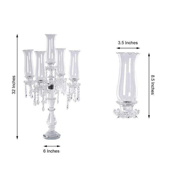 32 in tall Clear 5 Arm Crystal Glass Candelabra Hurricane Taper Candle Holder