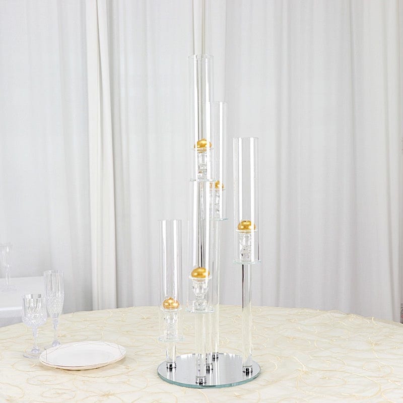 32 in tall Clear 5 Arm Round Crystal Glass Candelabra Taper Candle Holder