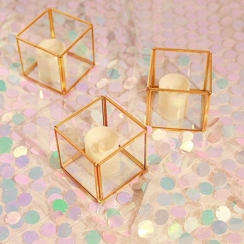 3 Gold and Clear Glass with Metal Frame Candle Holders Centerpieces