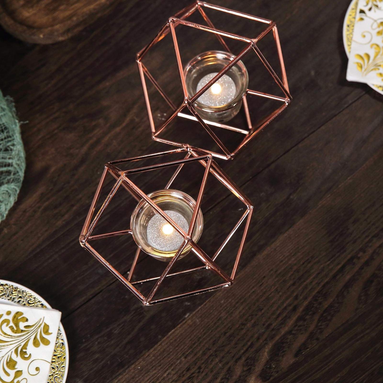 5 in tall Jointed Geometric Stand with Tealight Votive Glass Candle Holders