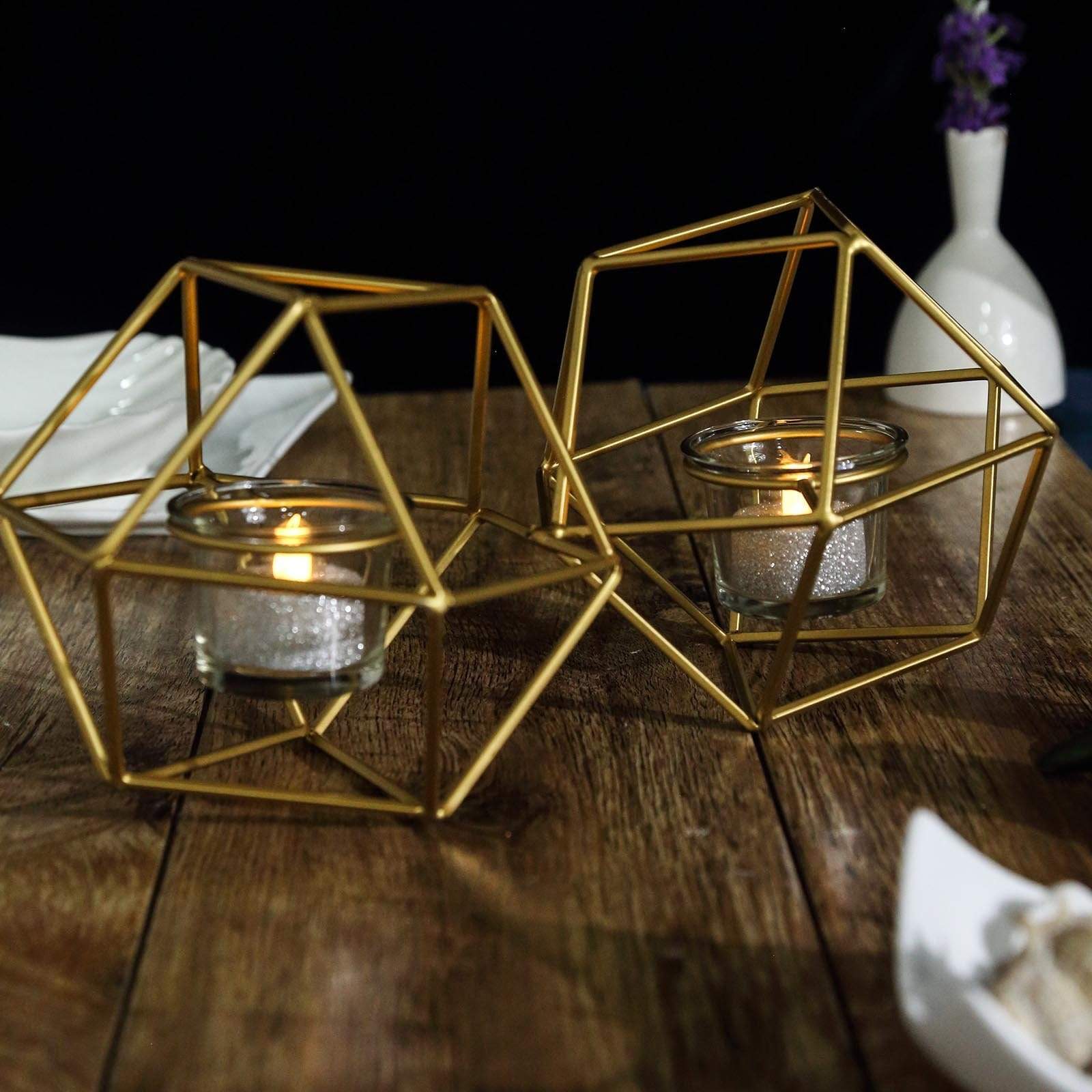 5 in tall Jointed Geometric Stand with Tealight Votive Glass Candle Holders