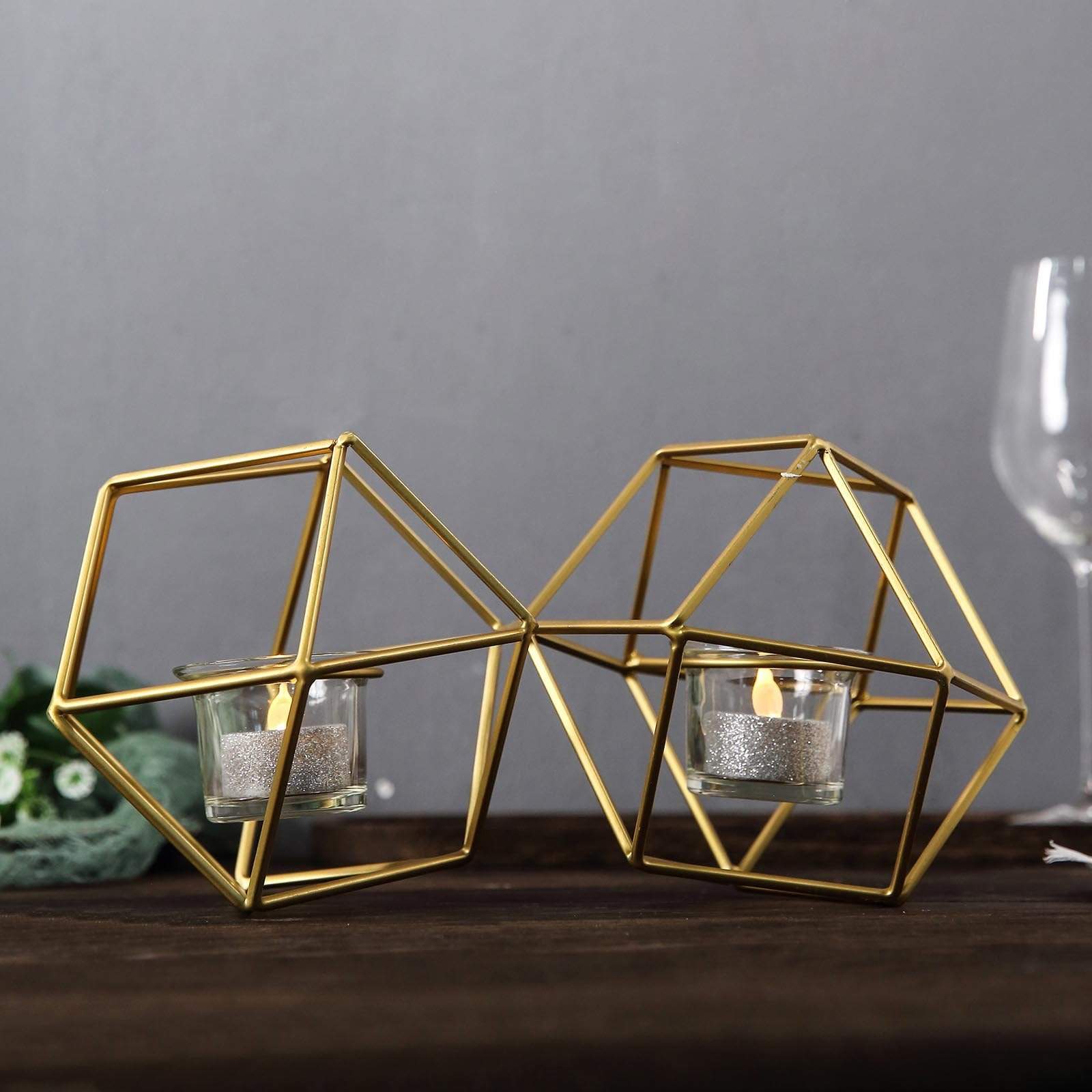 5 in tall Jointed Geometric Stand with Tealight Votive Glass Candle Holders