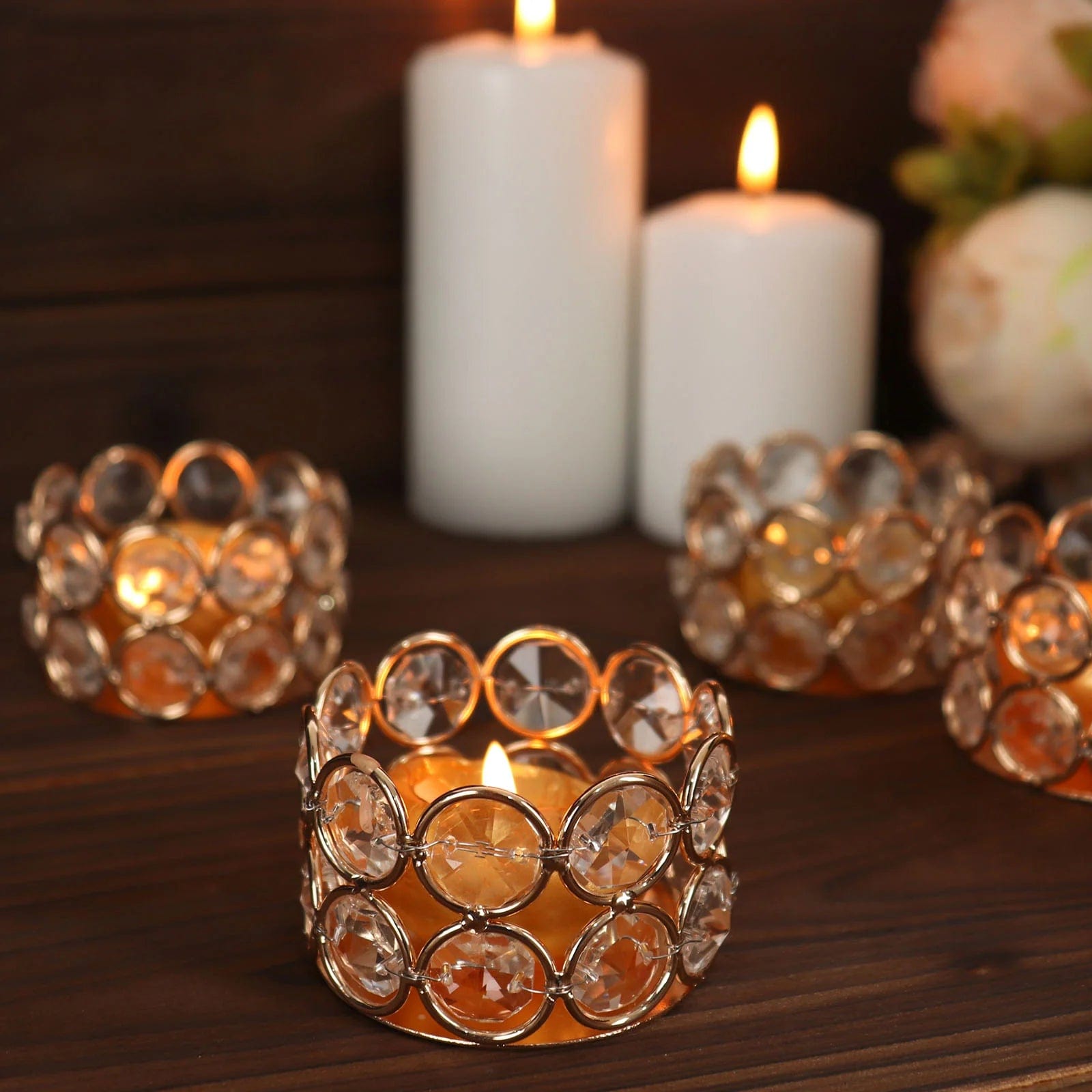 6 Gold 1.5 in Crystal Beaded Metal Tea Light Candle Holders