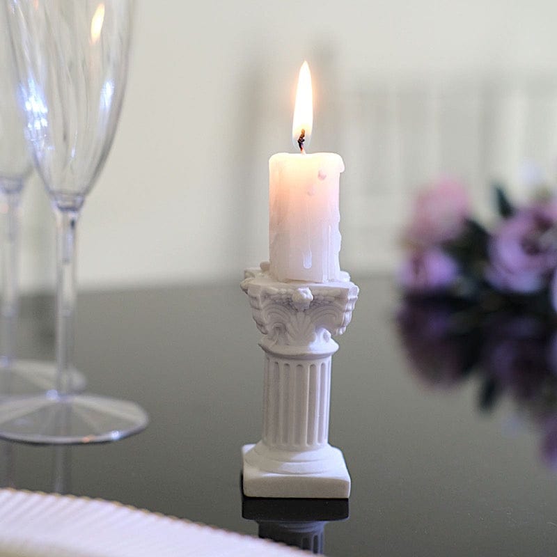 6 White Resin Mini Roman Column Taper Candle Holders Set