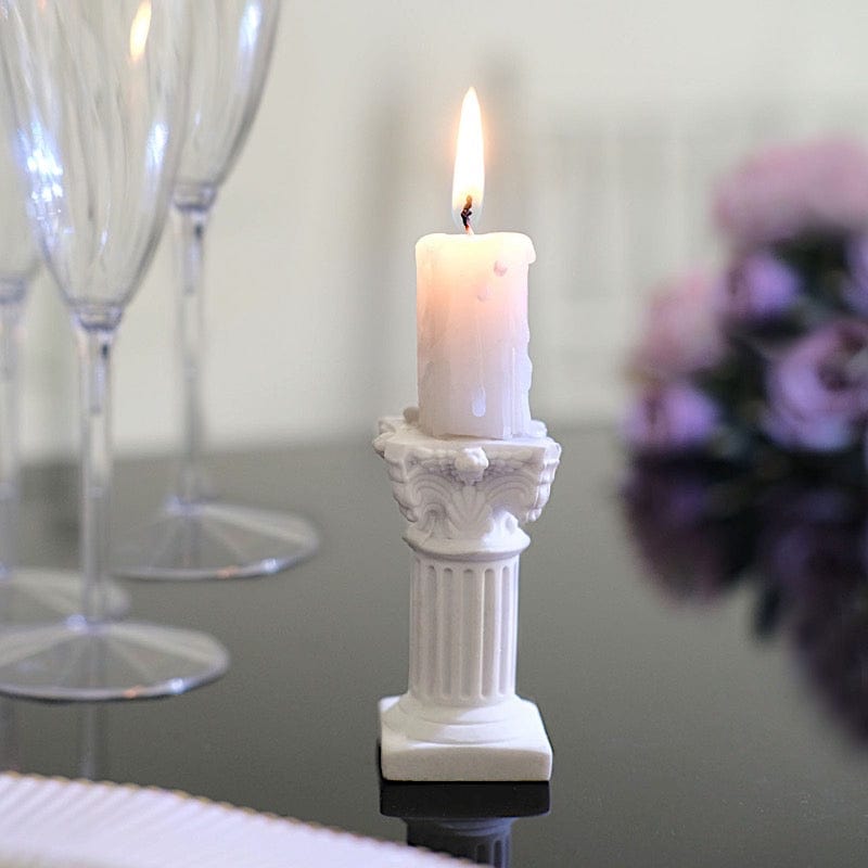 6 White Resin Mini Roman Column Taper Candle Holders Set