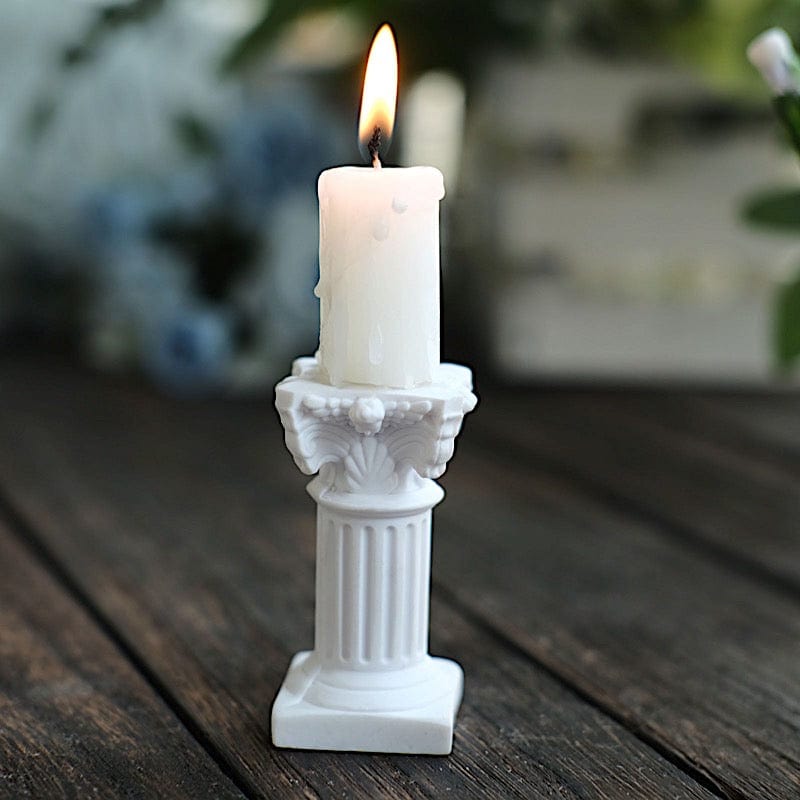 6 White Resin Mini Roman Column Taper Candle Holders Set
