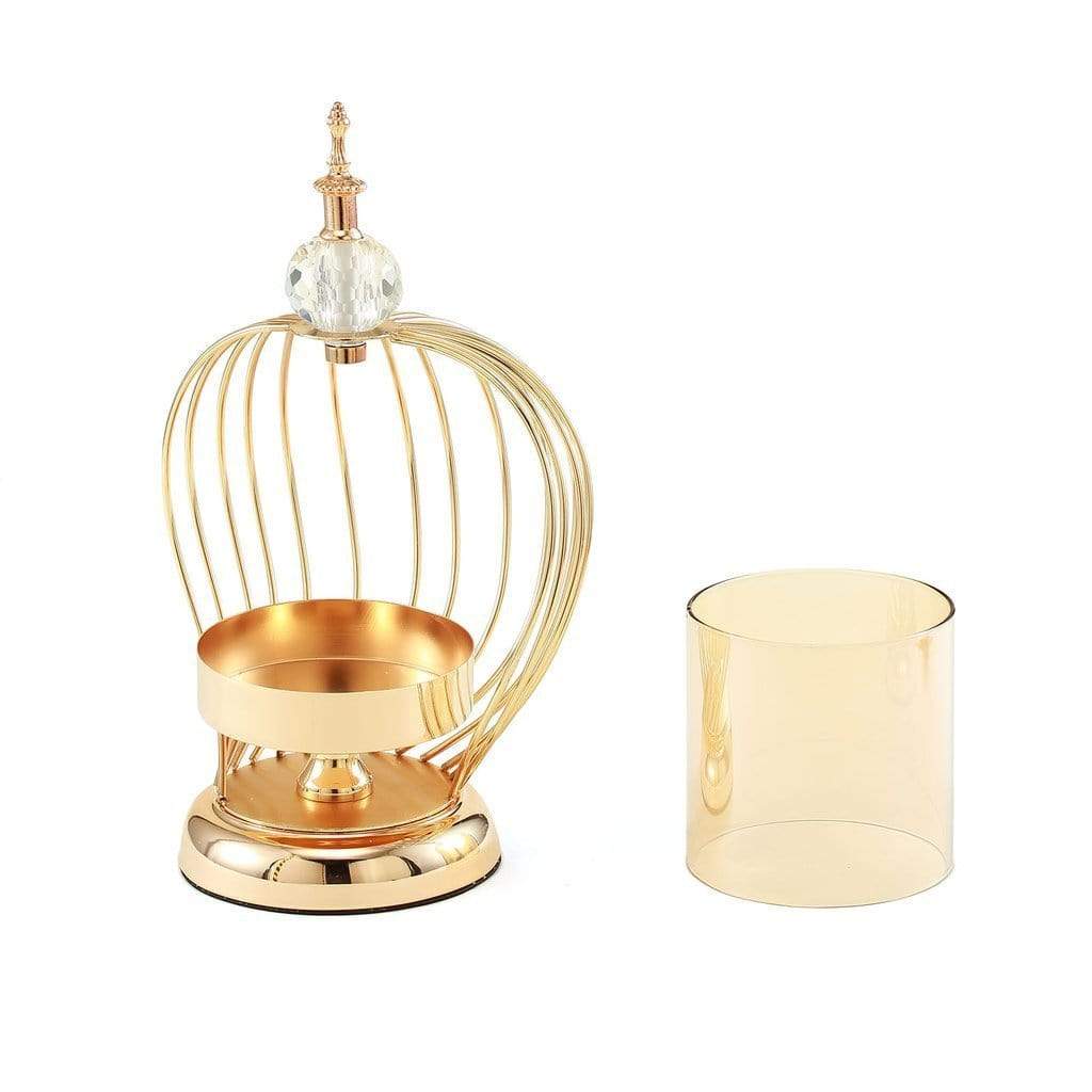 Gold 12 in tall Open Bird Cage Candle Holder with Glass Centerpiece
