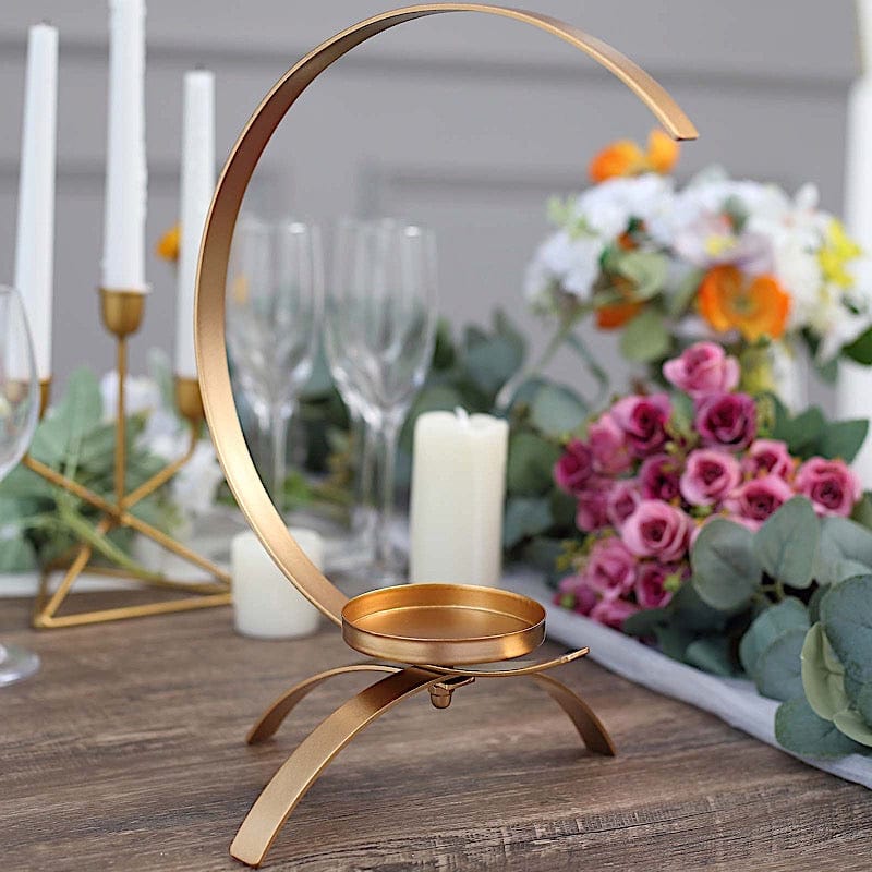 Gold 13 in Half Moon Shaped Metal Pillar Candle Holder Centerpiece