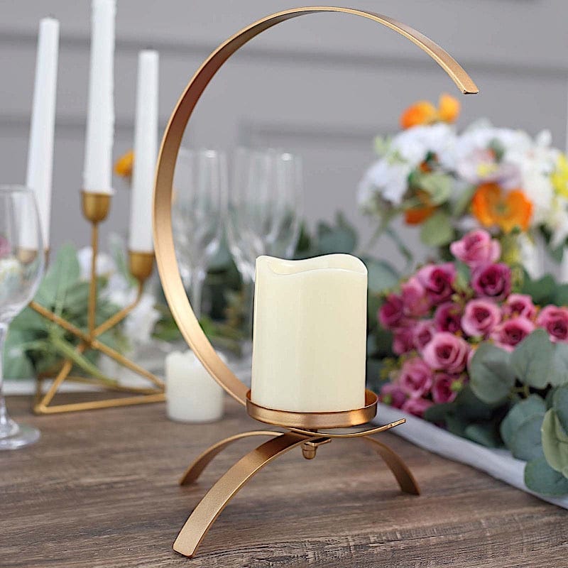 Gold 13 in Half Moon Shaped Metal Pillar Candle Holder Centerpiece