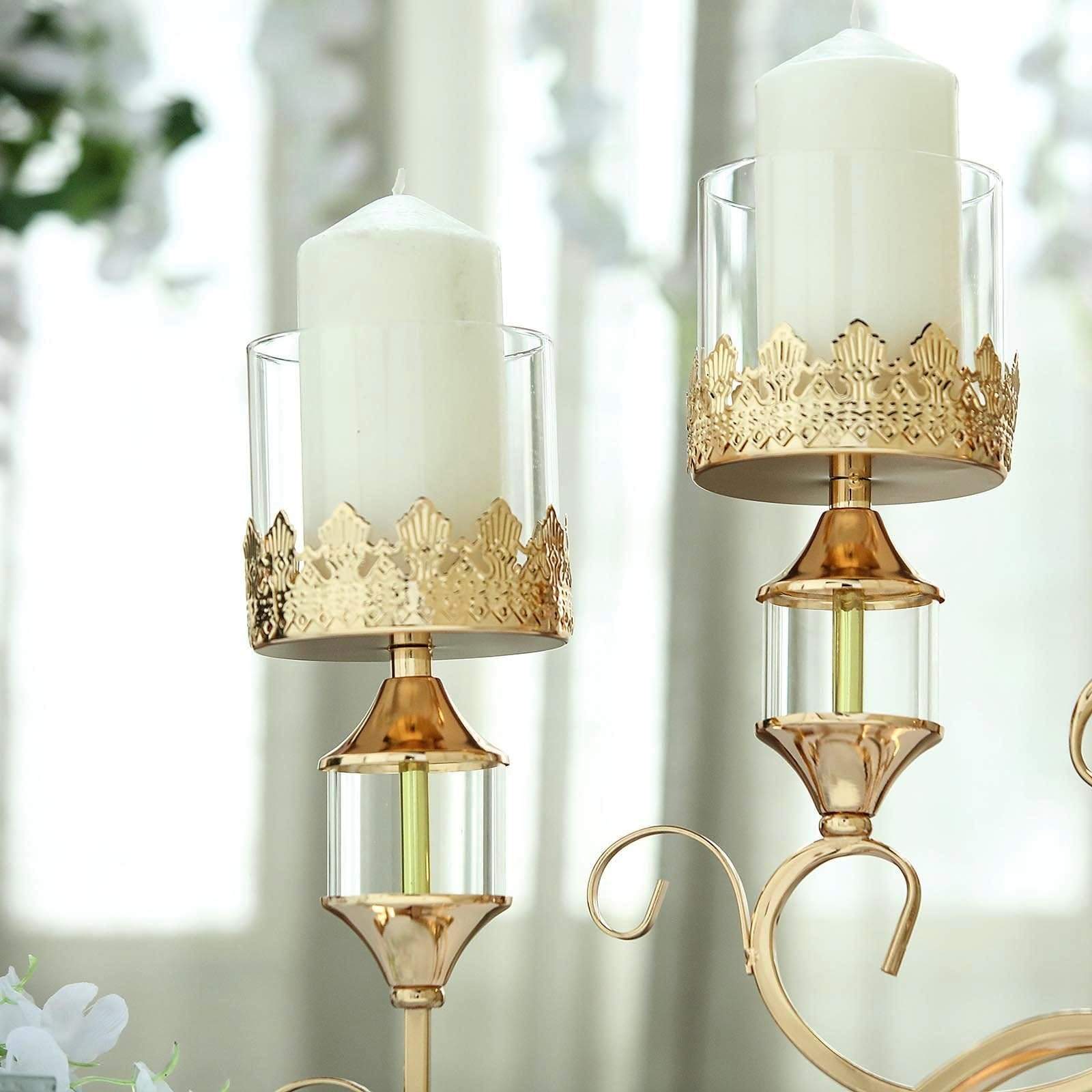 Gold 18 in tall Candelabra Hurricane Candle Holder Centerpiece with Glass