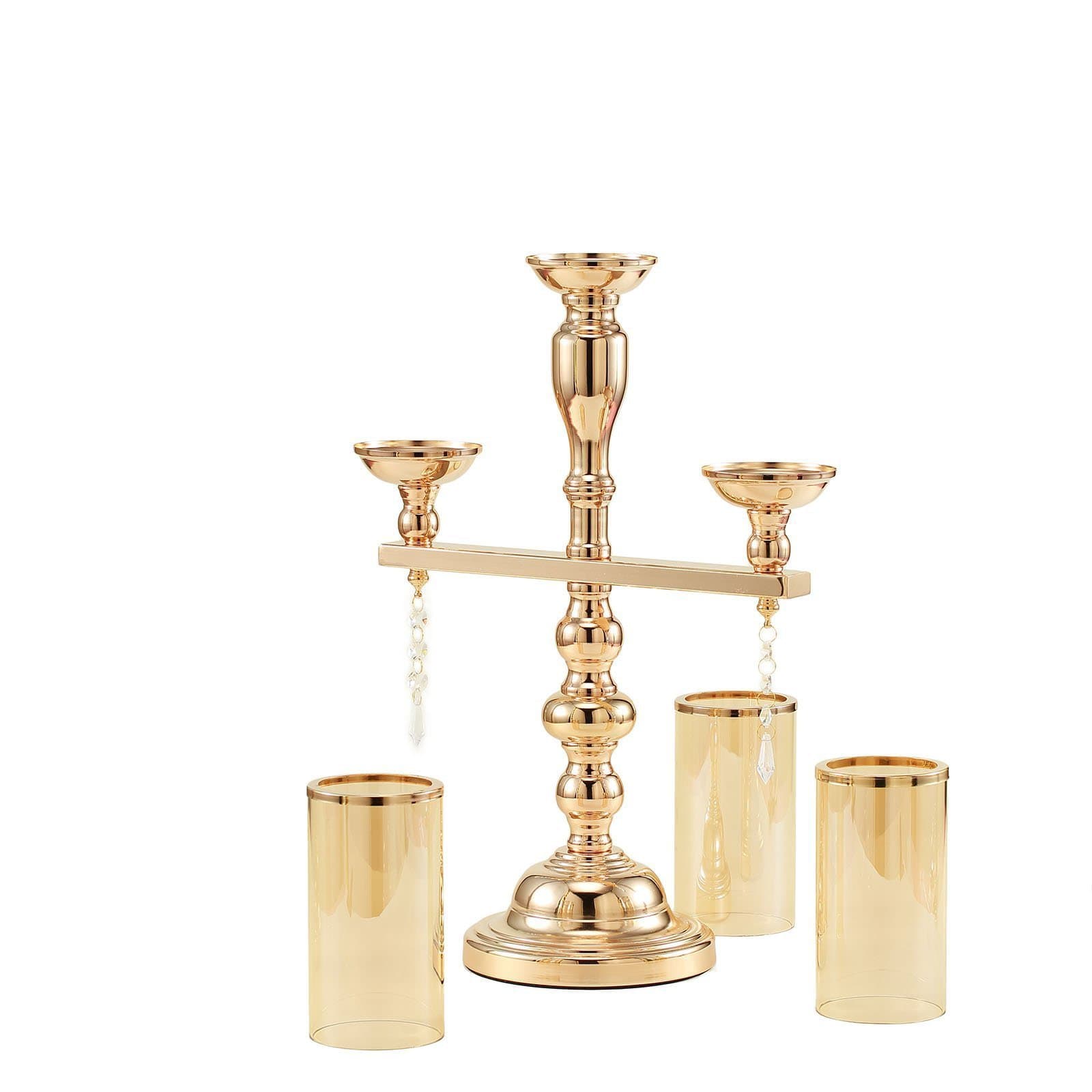 Gold 23 in tall Candelabra Candle Holder Centerpiece with Glass and Crystals