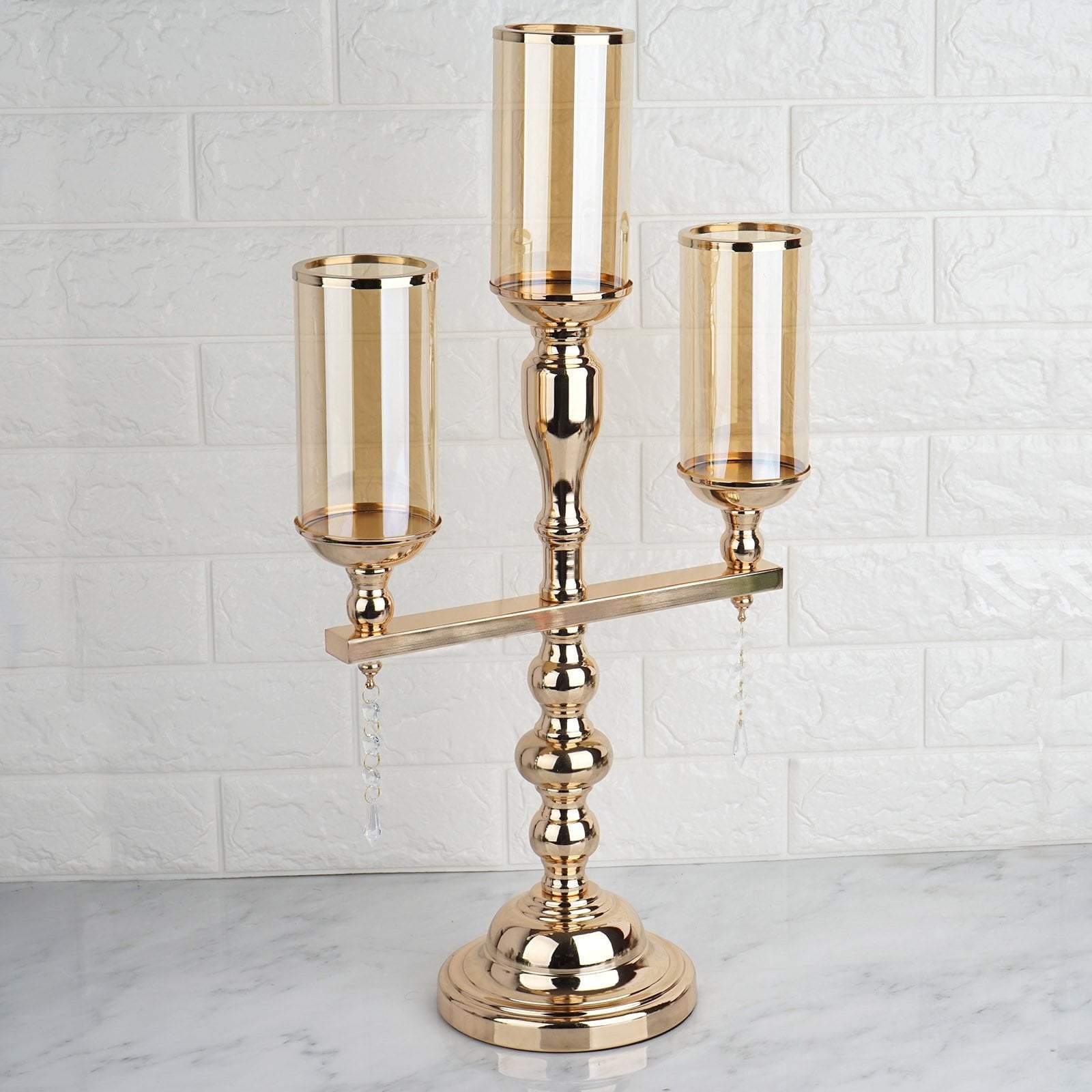 Gold 23 in tall Candelabra Candle Holder Centerpiece with Glass and Crystals