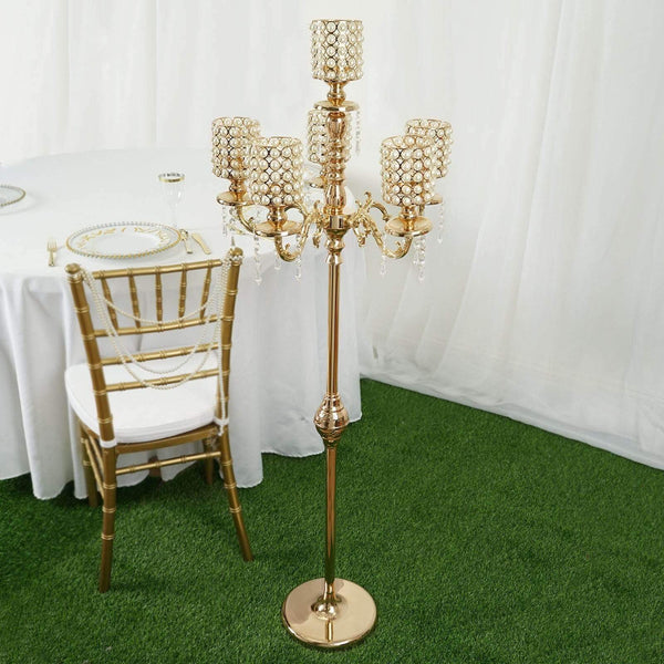 Gold 56" or 36" tall Candelabra Candle Holder Centerpiece with Crystal Chains