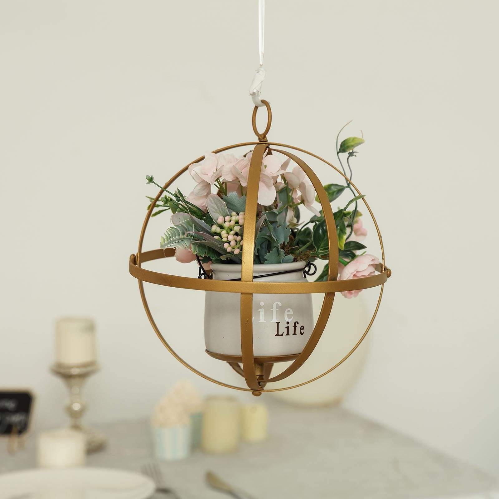 Gold Globe Ring Hanging Candle Holder Centerpiece