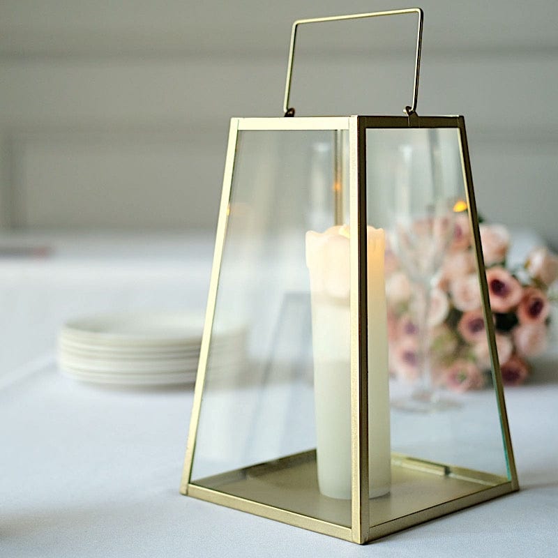 Gold with Clear 10 in Glass Geometric Metal Lantern Candle Holder