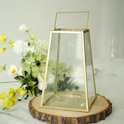 Gold with Clear 10 in Glass Geometric Metal Lantern Candle Holder