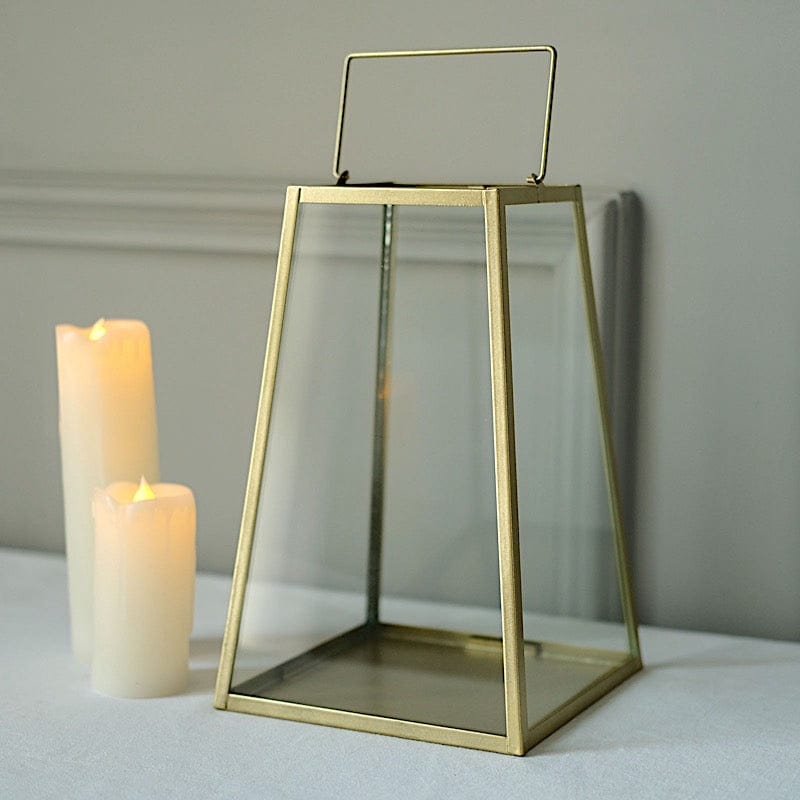 Gold with Clear 10 in Glass Geometric Metal Lantern Candle Holder