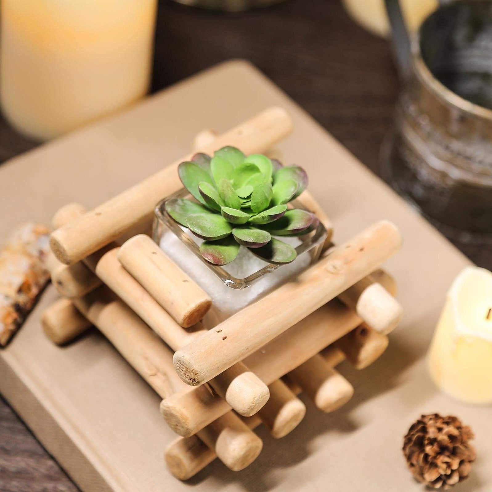 Natural 3 in tall Driftwood Candle Holder Stand Glass Candle Holder