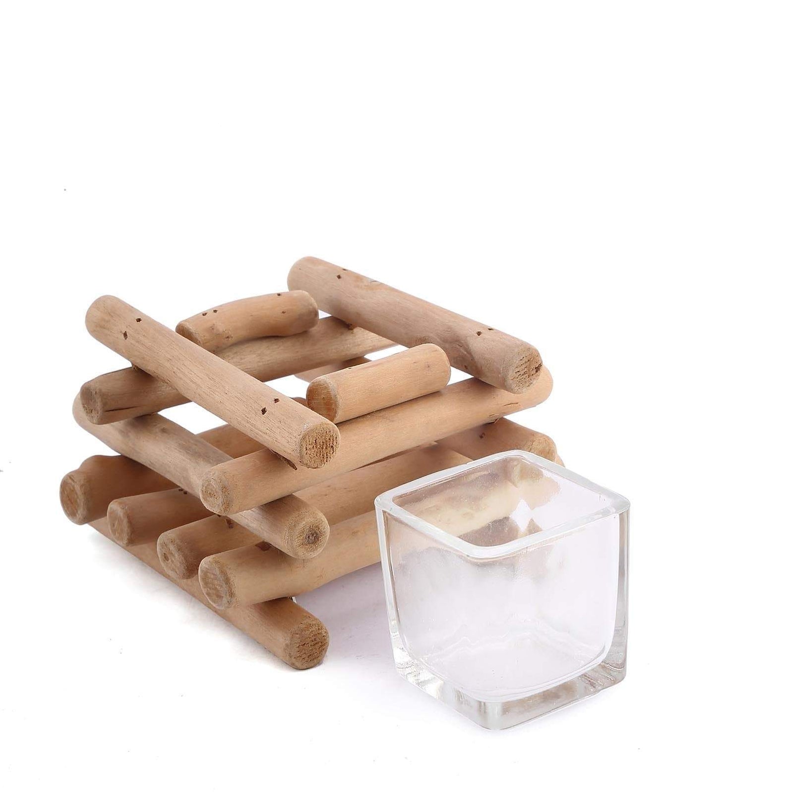 Natural 3 in tall Driftwood Candle Holder Stand Glass Candle Holder