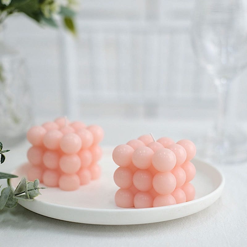 2 Pack 2 Blush Bubble Cube Long Burning Paraffin Wax Candle Set, Unscented  Decorative Pillar Candle Gift