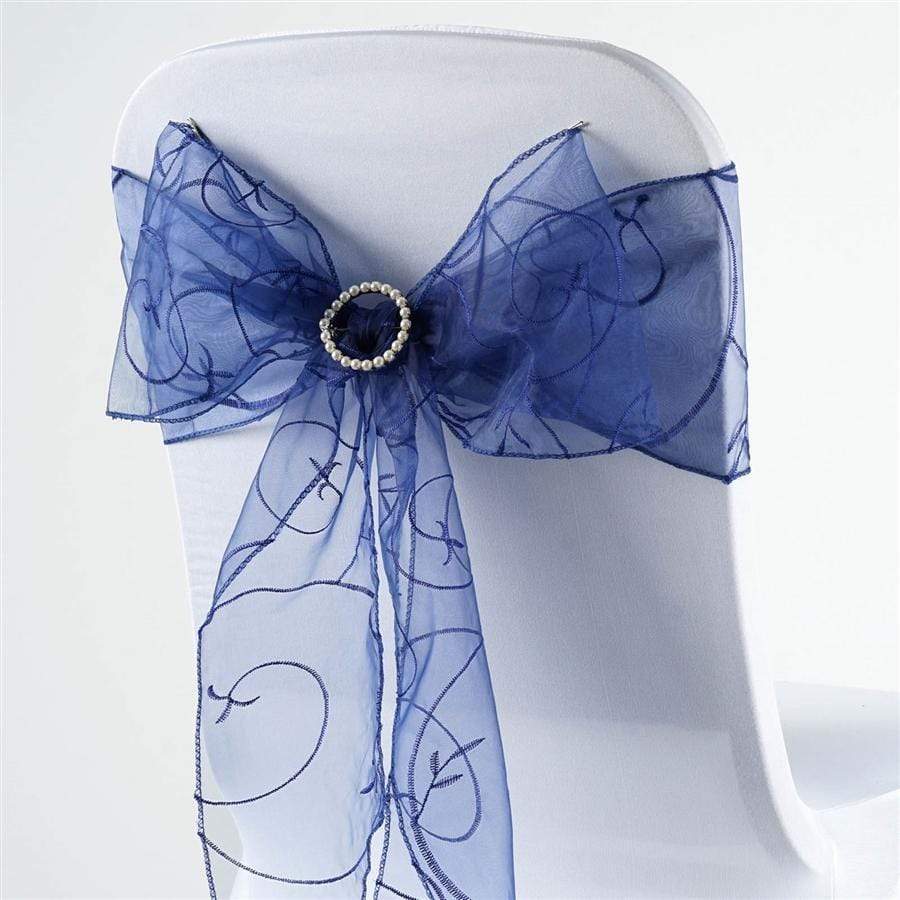 5 pcs Navy Blue Embroidered Organza Chair Sashes